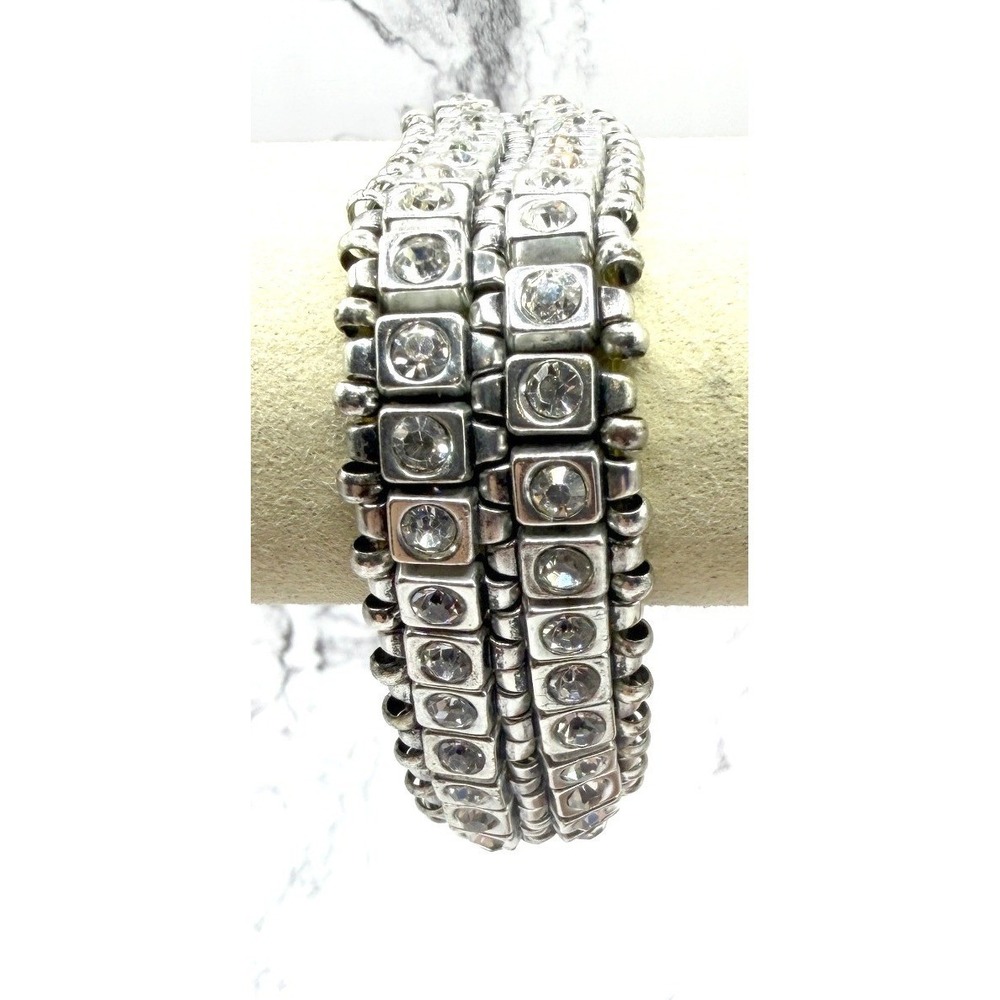 Wide‎ Rhinestone Stretch Bracelet Multi Row Silver Tone 7.5 Heavy - SEE VIDEO